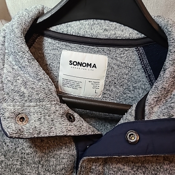 Sonoma Mens Large Sweater 1/4 Snap Front Long Sleeve Heather Gray & Blue - Picture 2 of 6